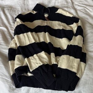 Brandy Melville Black and Cream Striped Half-Zip Turtleneck Sweater